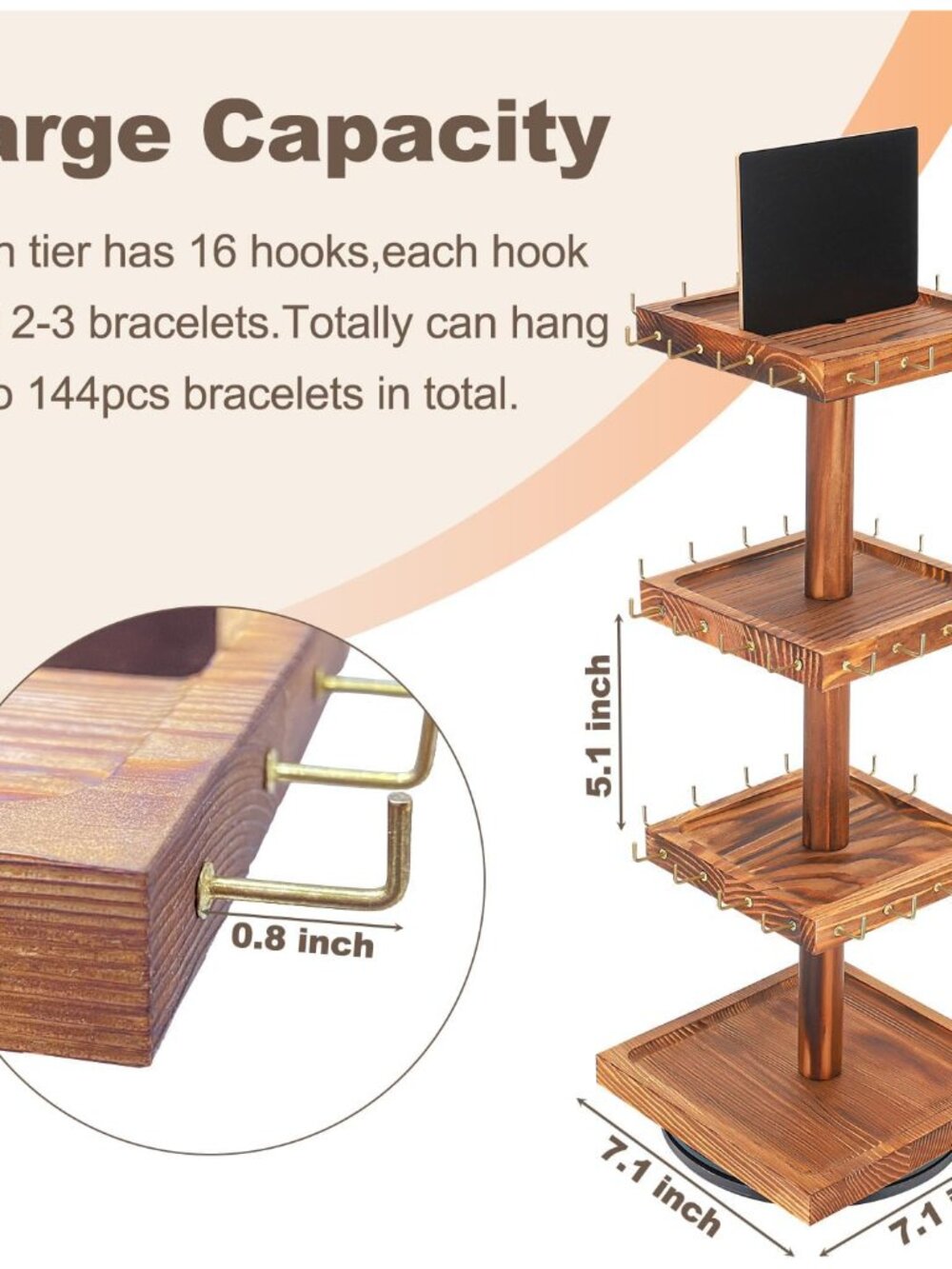 Rotating Wooden Jewelry Organizer With Large Capacity & Trays View 3